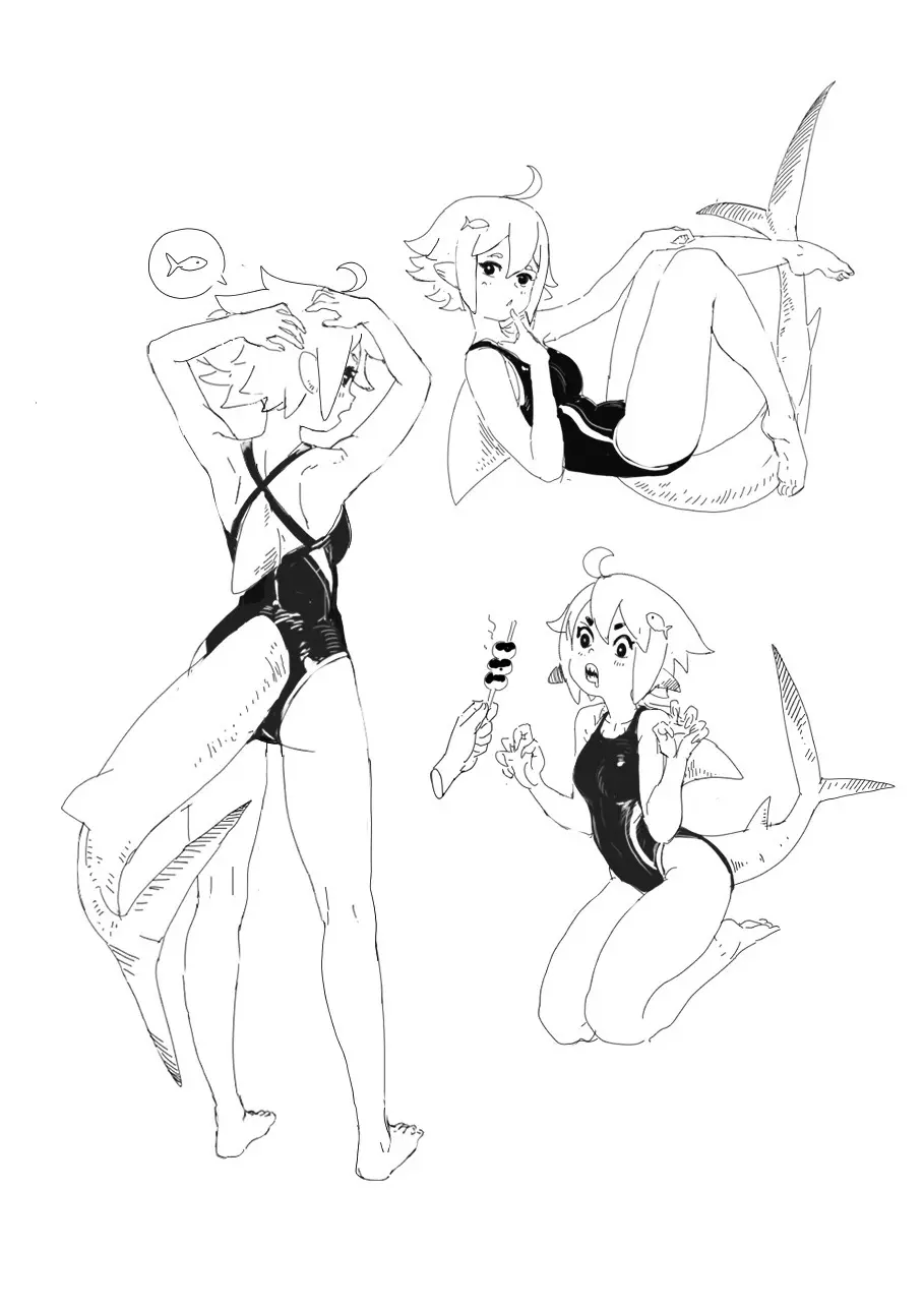 主题速写-海边打工的鲨鱼娘。