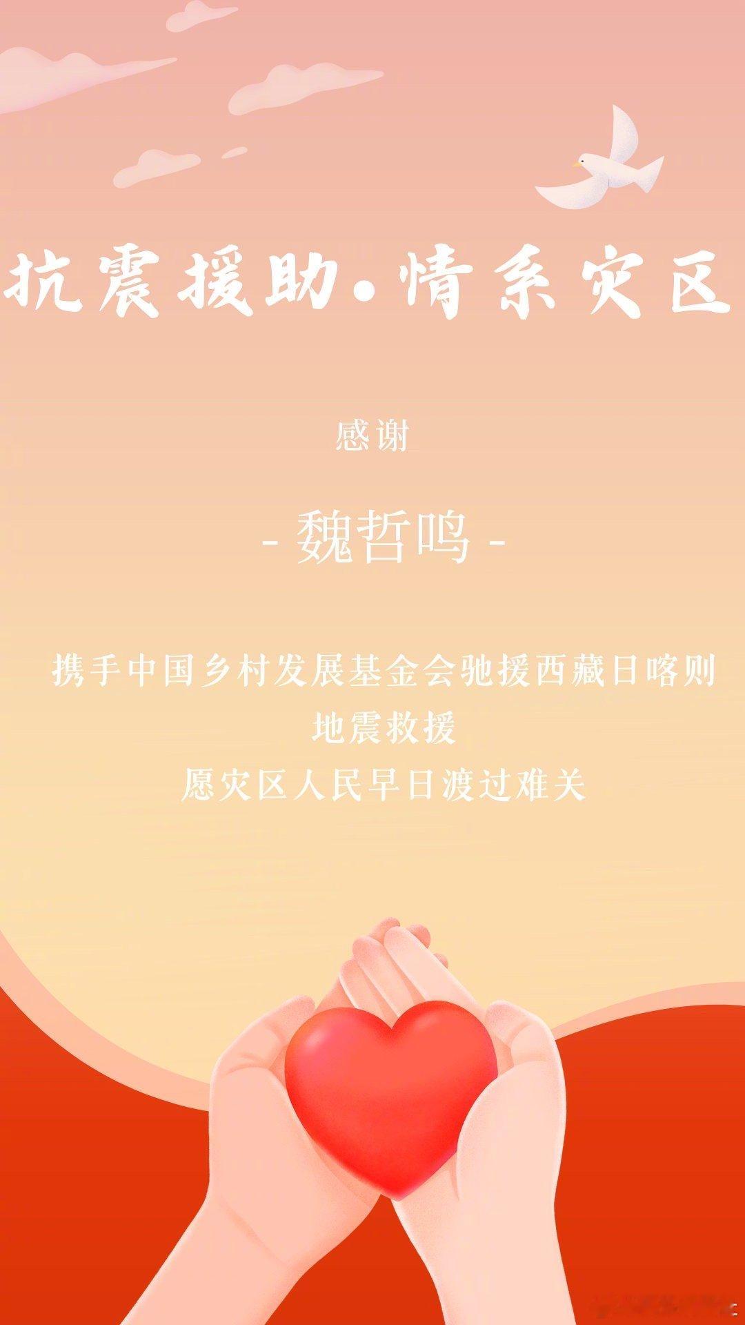 魏哲鸣捐款驰援西藏 ｜ 魏哲鸣驰援西藏  看到魏哲鸣捐款驰援西藏，满满的触动，点