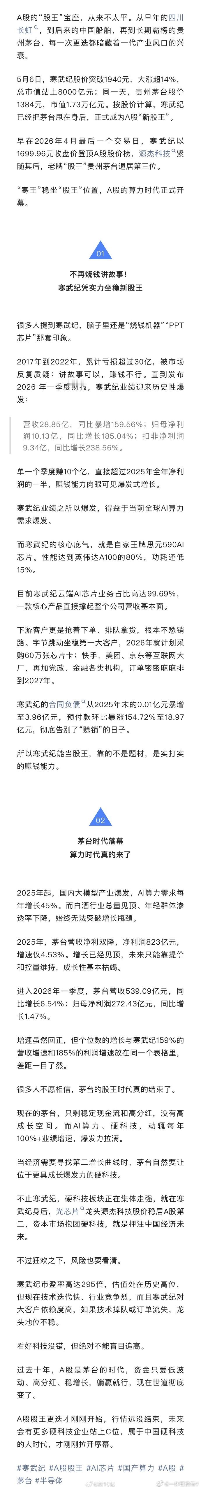 A 股“新股王”寒武纪凭什么把茅台挤到第三寒武纪业绩的爆发，得益于全球AI算力的