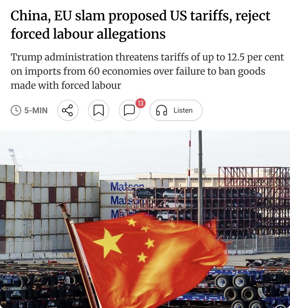 外媒：美国拟对60国加征强迫劳动关税，中欧强烈反对

特朗普政府援引1974年《