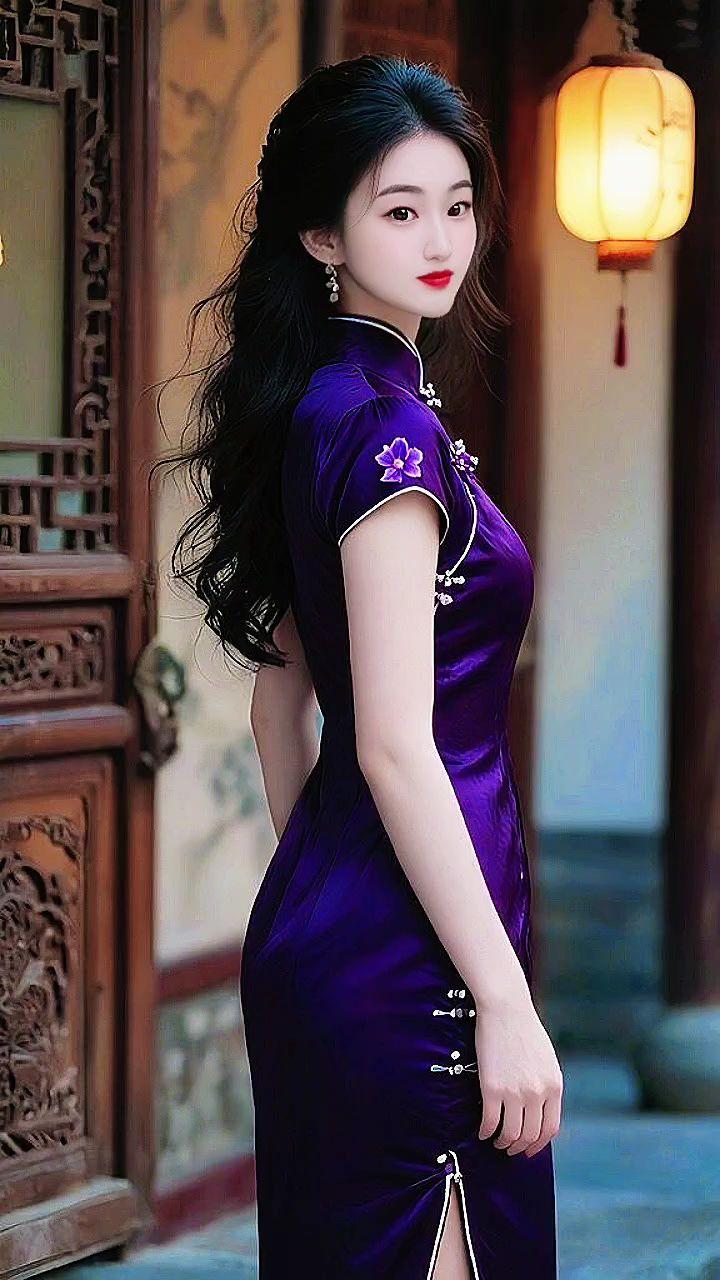 紫色旗袍 惊艳 好身材好气质 优雅气质 旗袍美人
