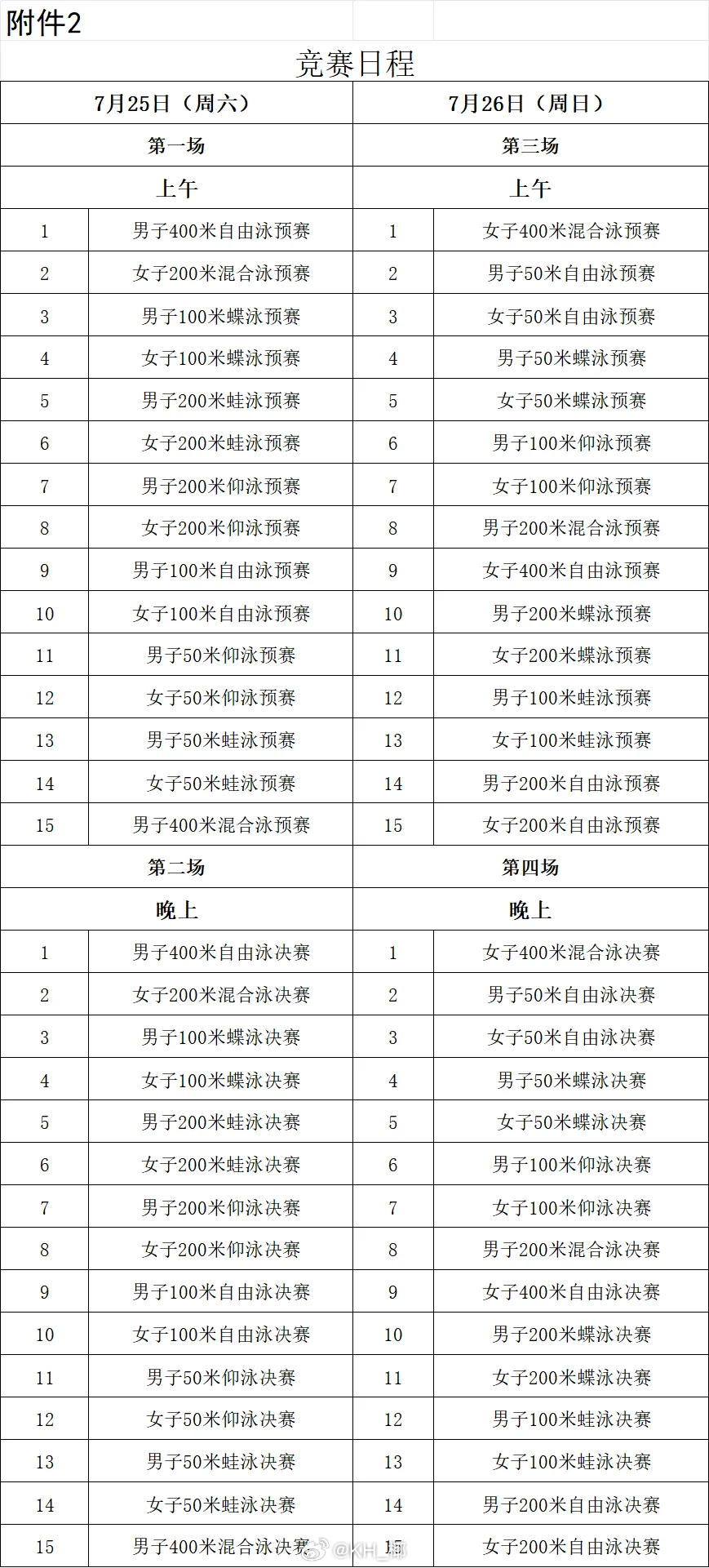 2026年全国室外游泳精英赛 竞赛日程时间：7.25-26地点：四川省成都市双流