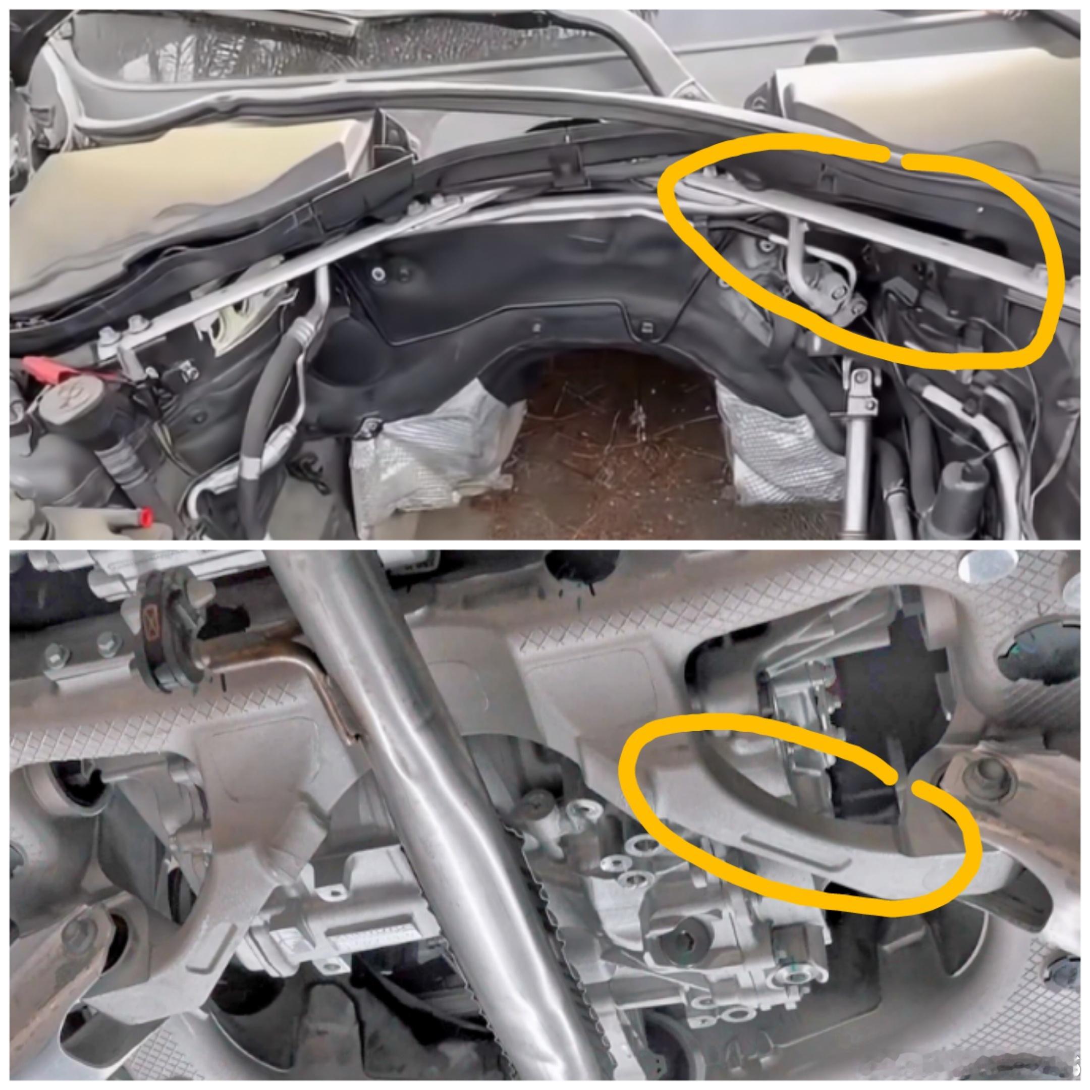理想L9李维斯。这1号杆的内硬点上这个杠，跟BMW引擎舱这个斜拉杆一个意思是吧。