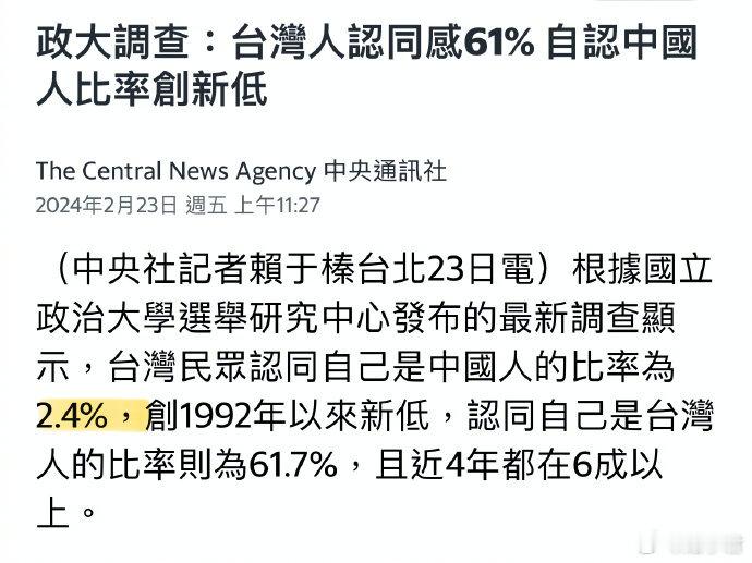 台湾人认同感调查，自认是中国人比率仅2.4%，创32年以来新低。 昨天，根据台湾