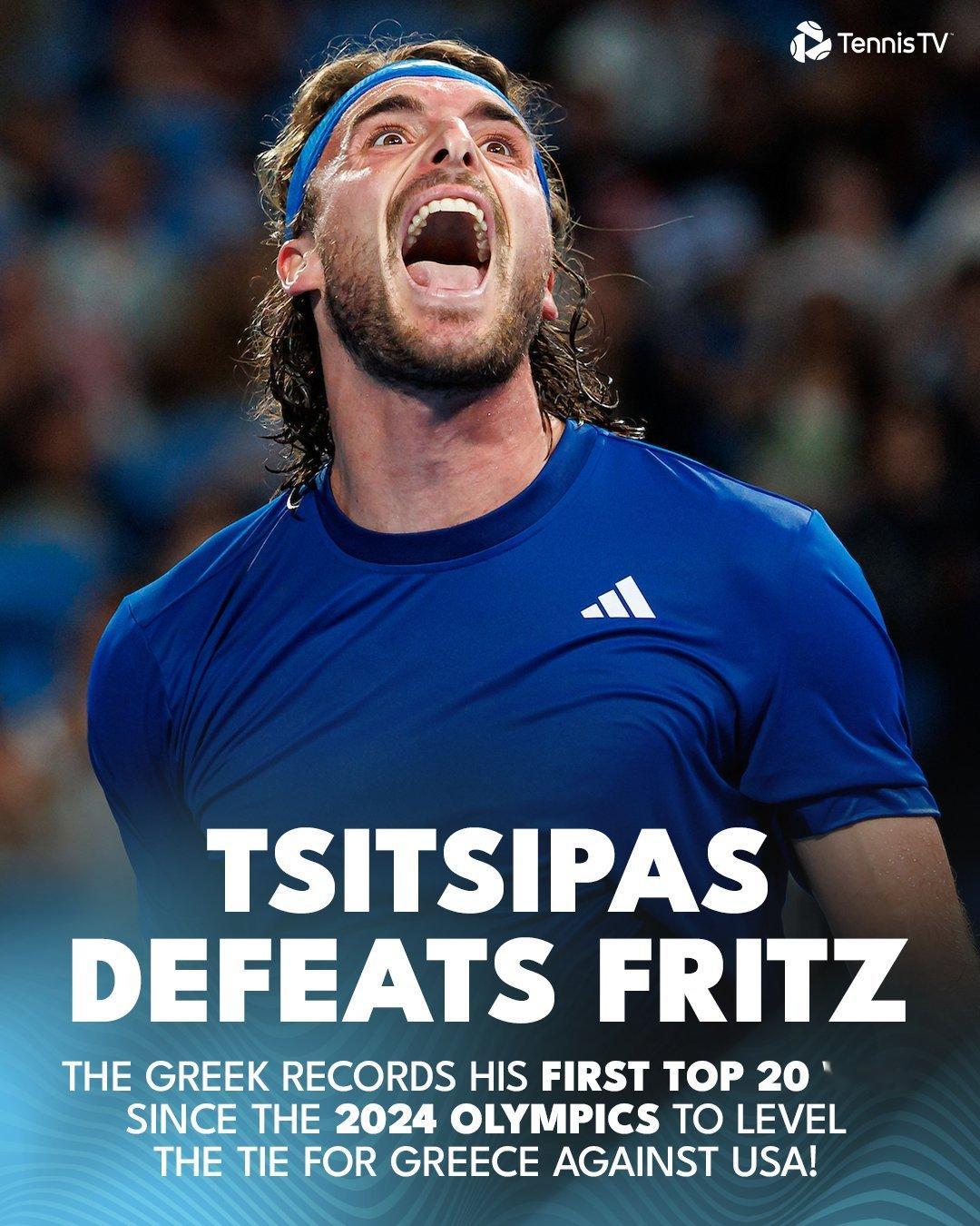 惹，西西帕斯联合杯QF 6-4、7-5击败弗里茨，帮助希腊扳平大比分，此前萨卡里