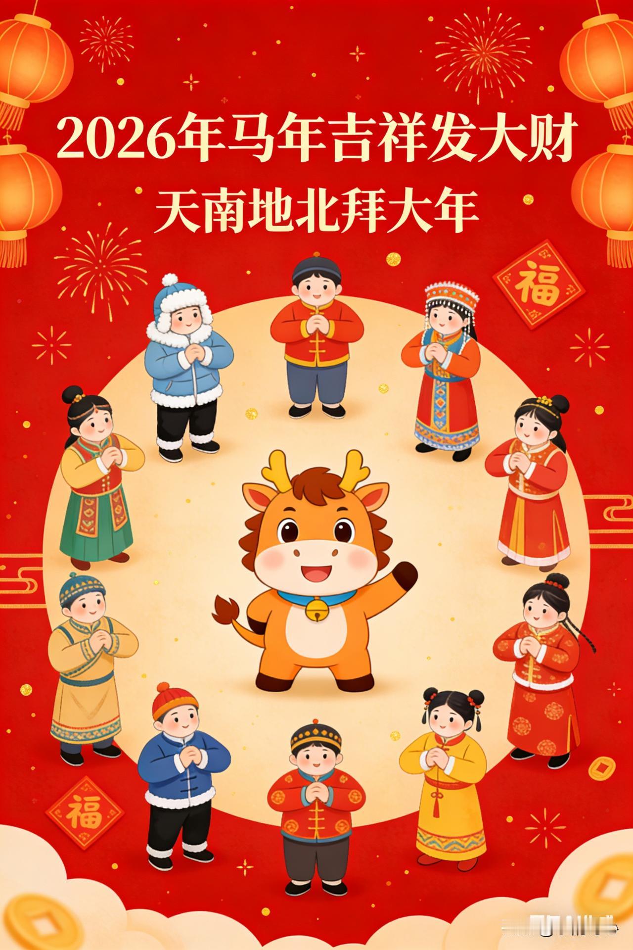 天南地北共欢颜，
贺岁钟声震宇寰。
马跃新程风浩浩，
春苏大地柳翩翩。
祥光入户