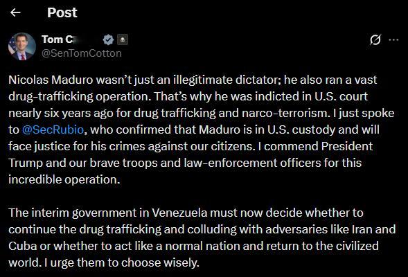 美国参议员汤姆·科顿：马杜罗将因其对我国公民犯下的罪行而受到法律制裁。委内瑞拉临