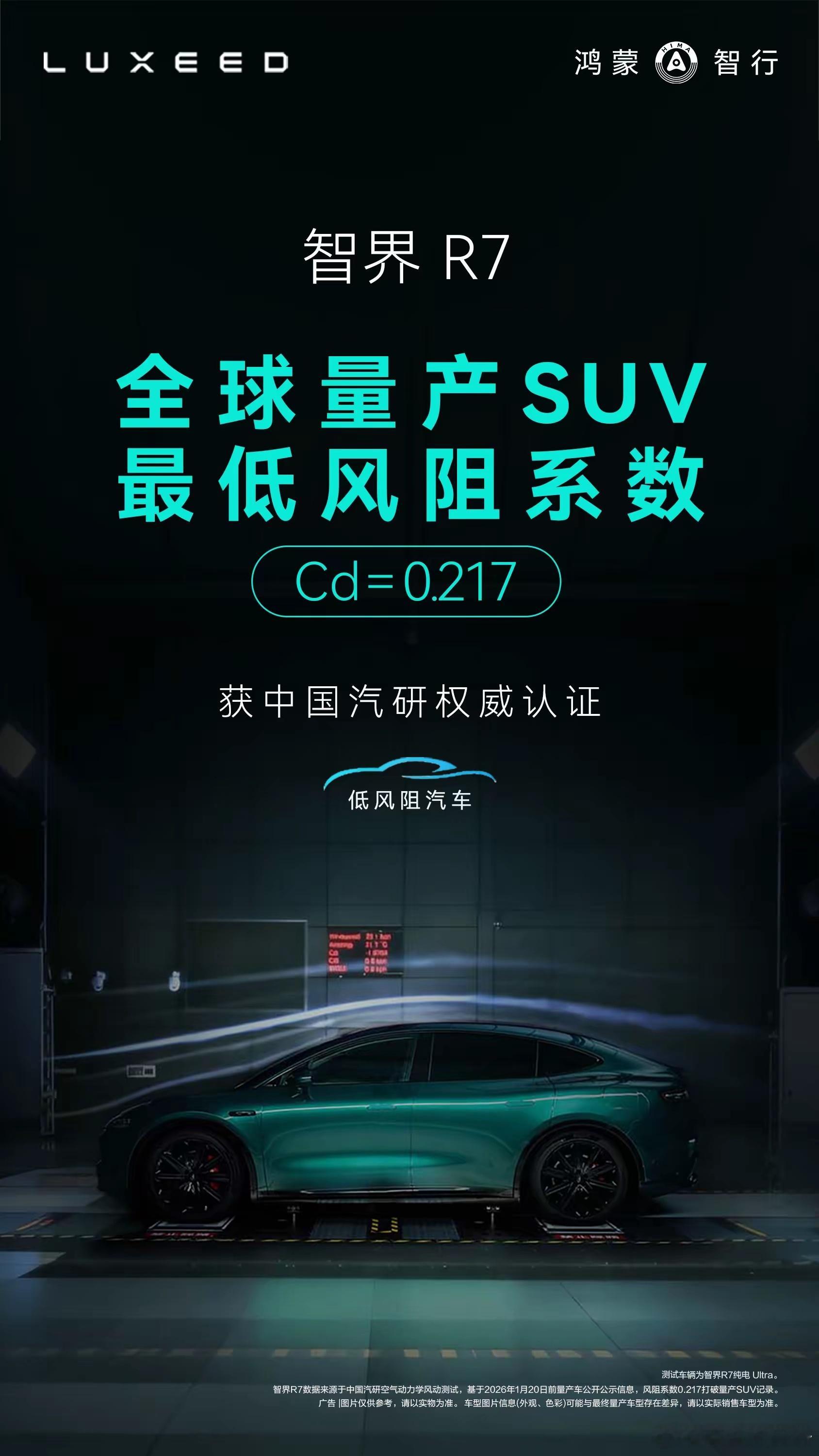 智界R7创全球量产SUV最低风阻系数0.217！ 