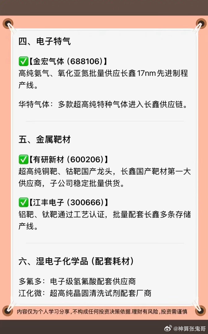 长鑫存储：上游材料全梳理！1.核心前驱体+电子化学品2.光刻胶配套材料3.硅片原