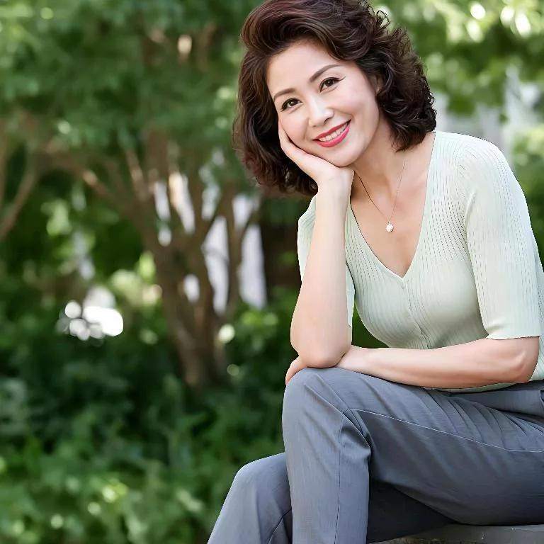 优雅的中年女性，绿意盎然的公园，阳光明媚。