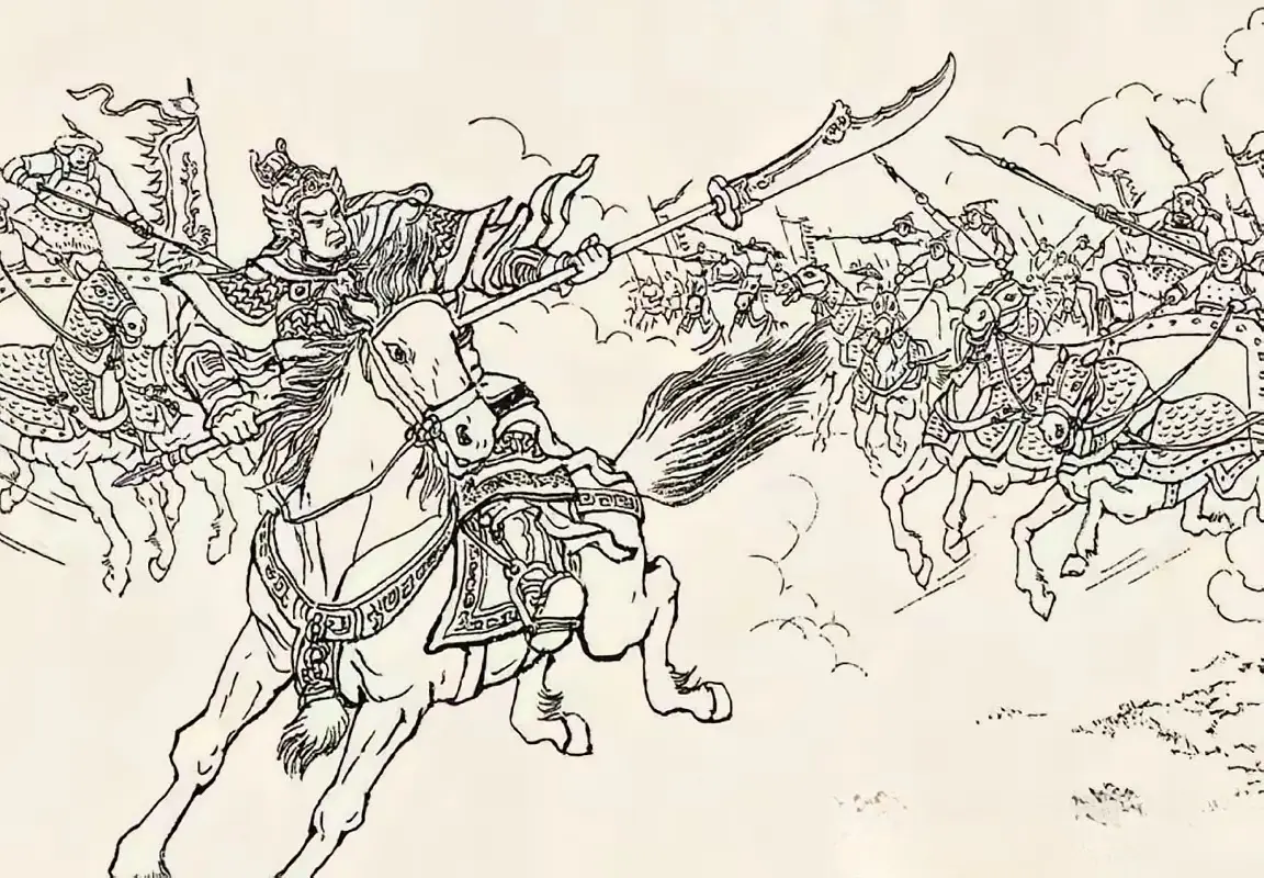 风紧扯呼。此图中两军对垒，一员战将看到对方杀来，先是一愣，随后虚晃一刀...