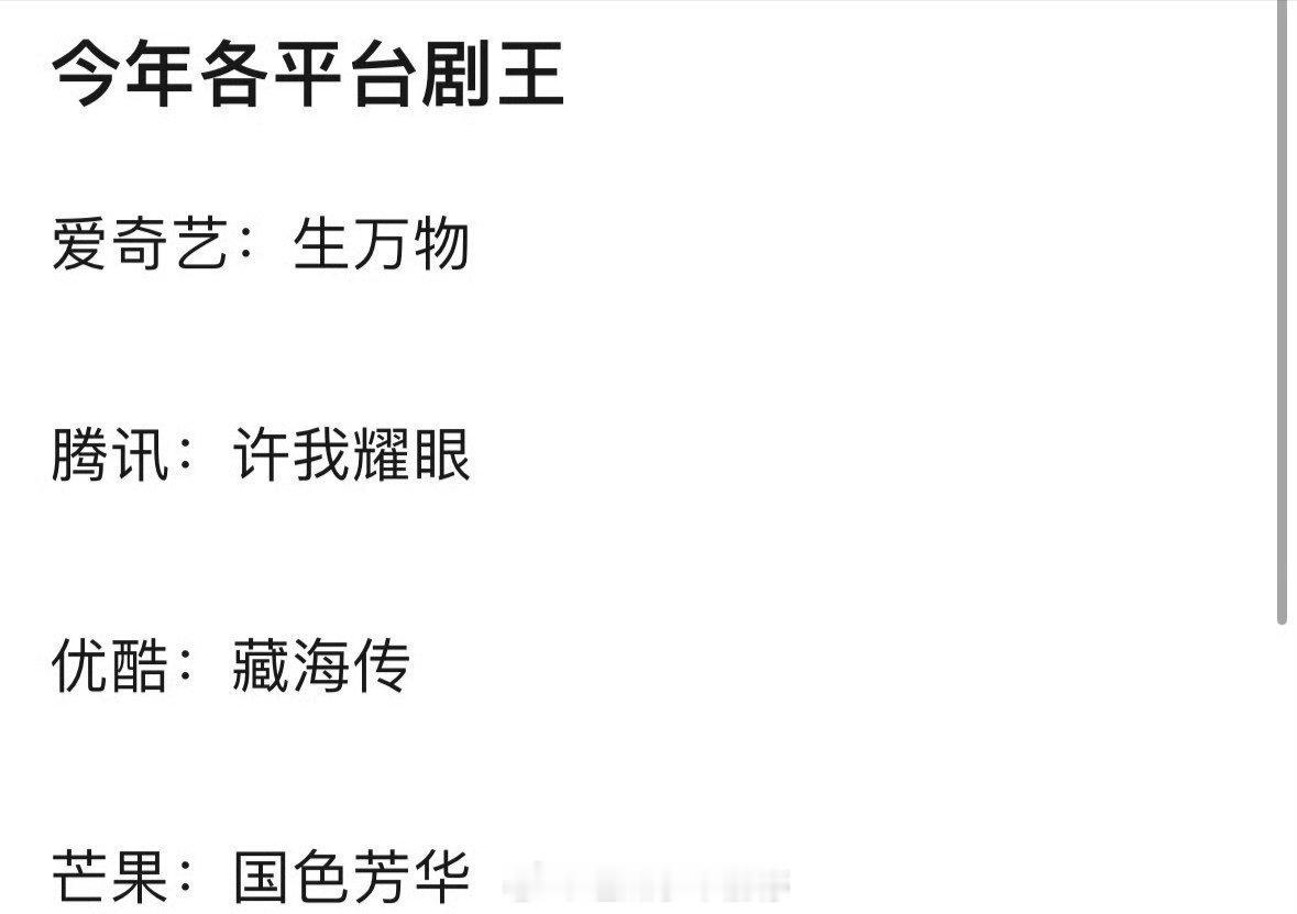 今年各平台的剧王，认同吗？🥝 生万物🐧 许我耀眼👖 藏海传🥭 国色芳华 