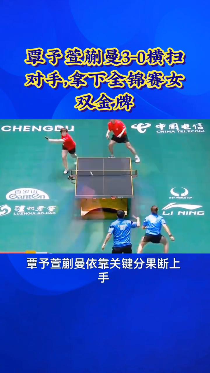 覃予萱蒯曼3-0横扫对手，拿下全锦赛女双金牌。
鏖战三局，覃予萱蒯曼3-0横扫对