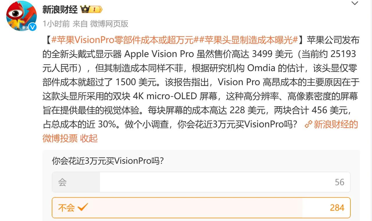 苹果Vision Pro硬件成本为1542刀，卖3499刀，刨去研发成本，怎么也