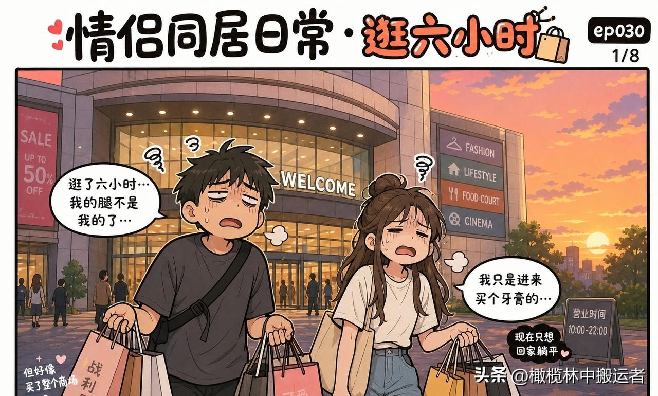 趣味漫画：从商场出来天都黑了，我说：“我们逛了六个小时。”她说：“哪有，明明才逛