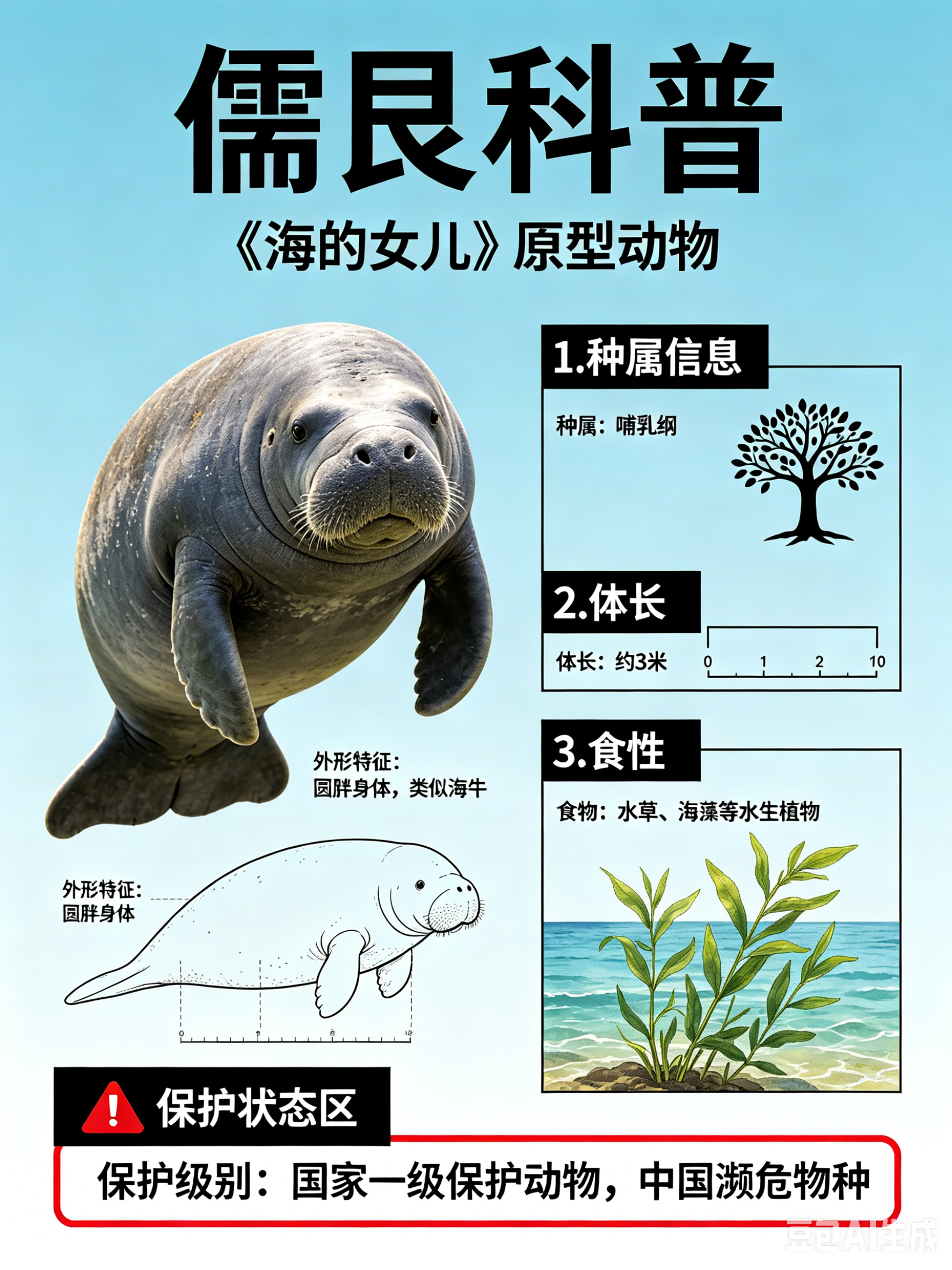 海洋朋友圈 儒艮海洋档案种　属：哺乳纲体　长：约3米食　物：水草、海藻等水生植物