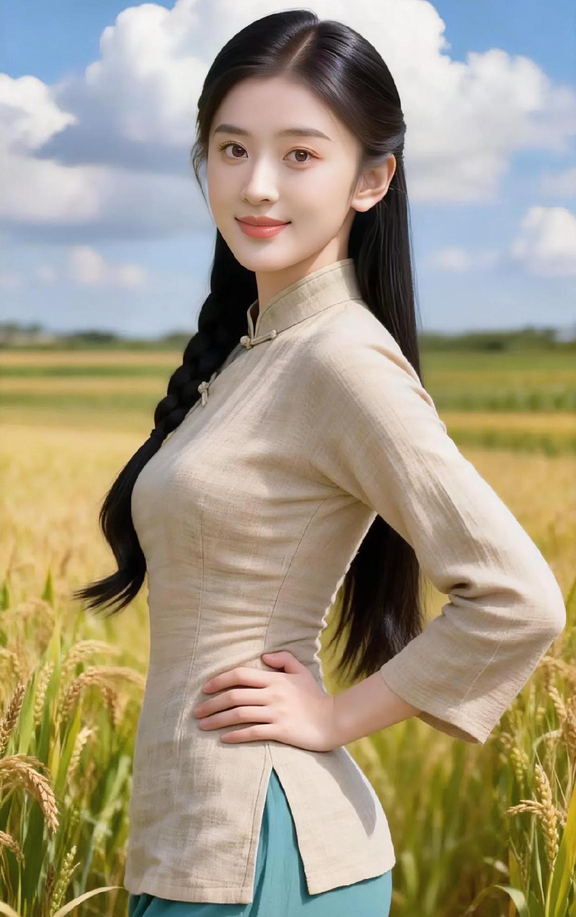 麻衫一立，田野就亲近了。

长辫垂在金黄里，

蓝天白云作背景。

手叉腰，笑意