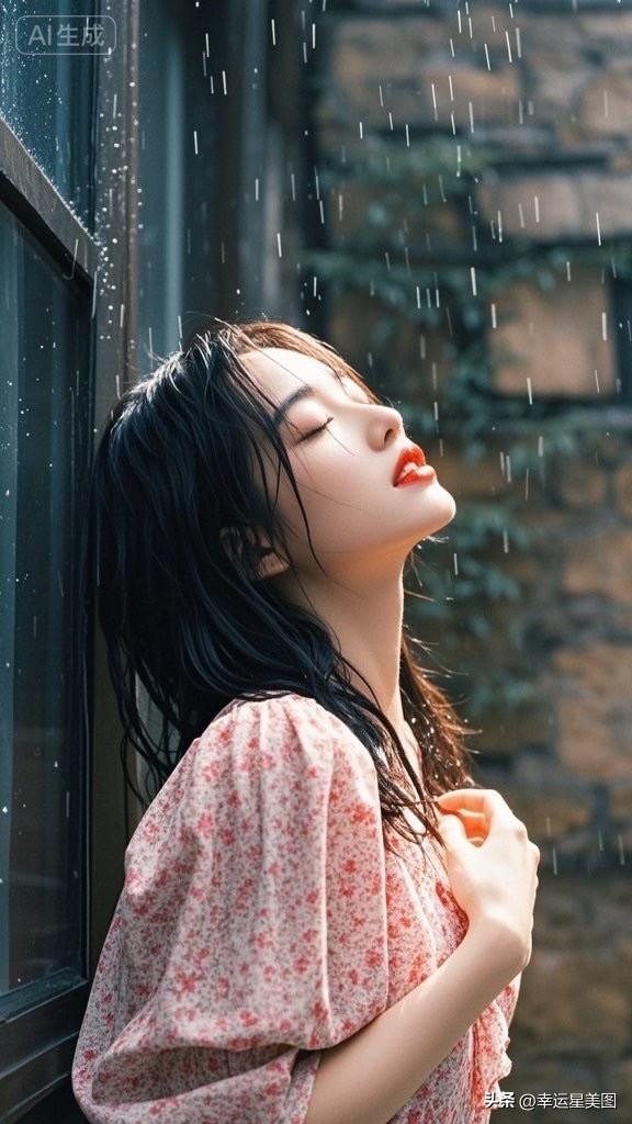 雨中女子，湿发红唇，别有风情。