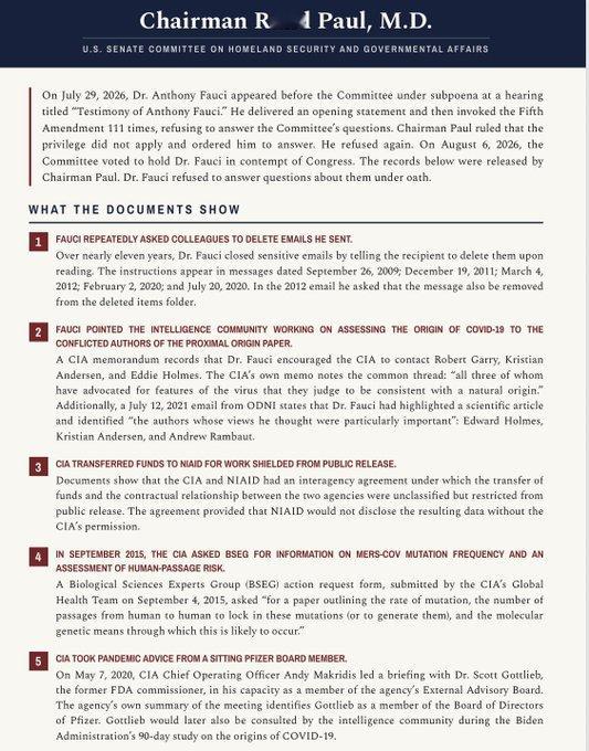 🚨 已公开：我委员会发现的文件，我在福奇第五修正案抗辩100多次的那天将其纳入