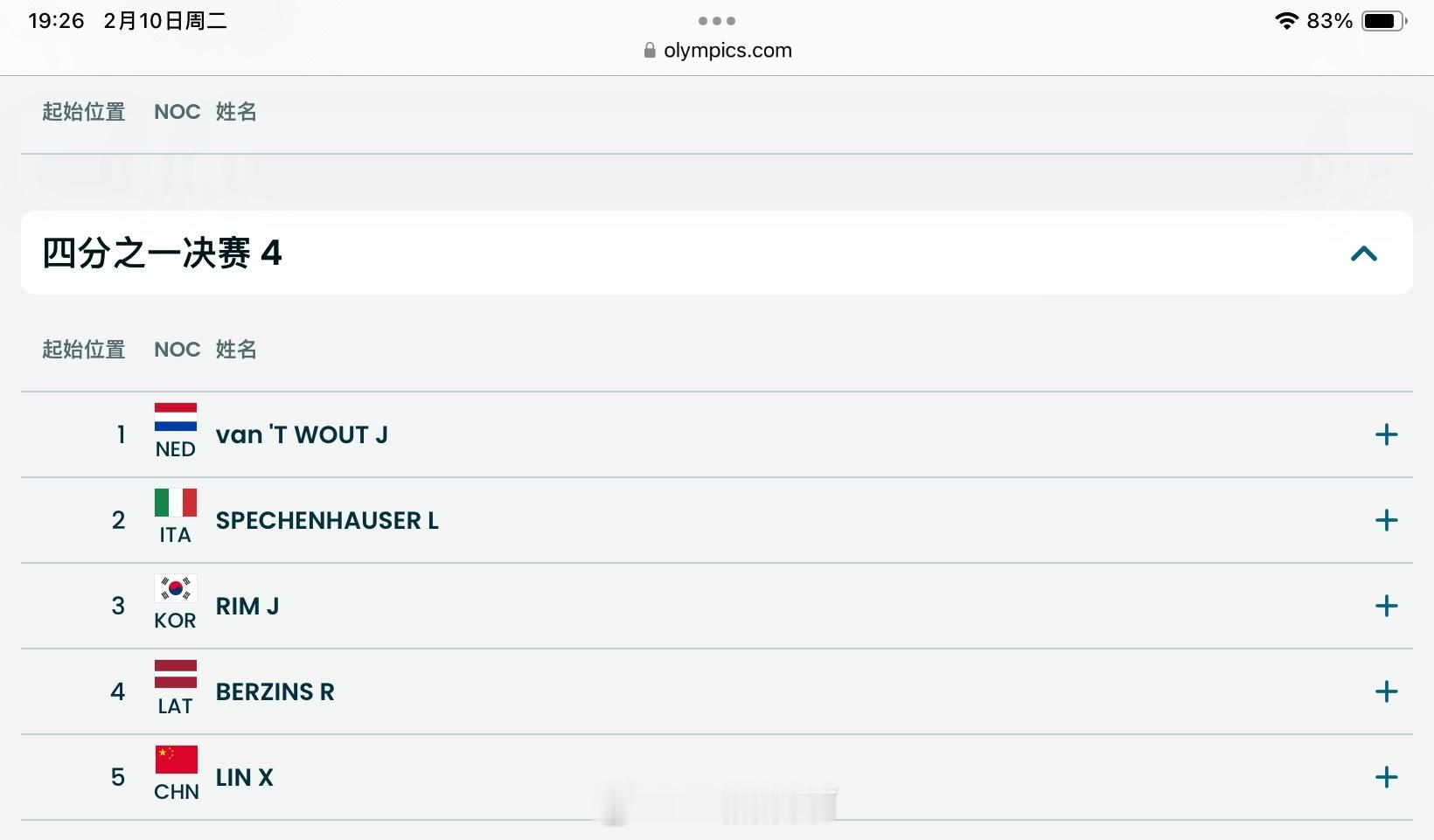 男子短道速滑1000米预赛 2026米兰冬奥会男子1000米1/4赛分组刘少昂一
