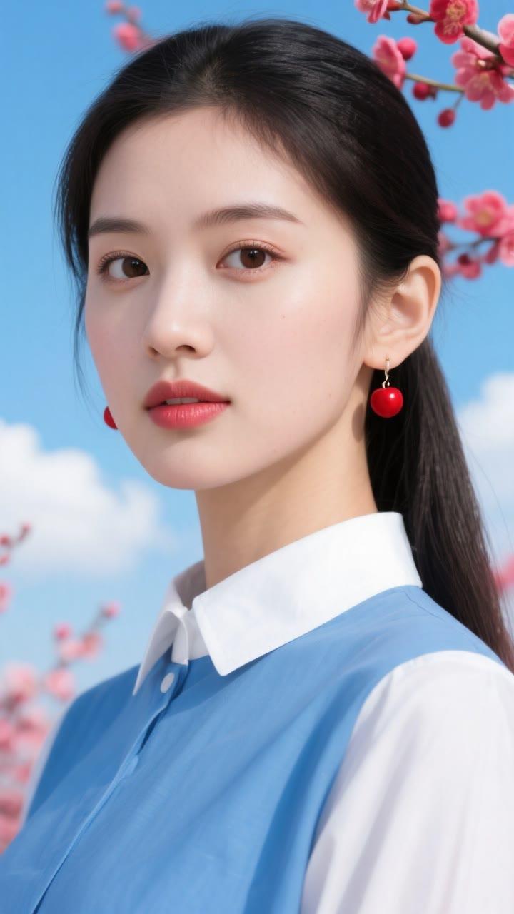 春日少女风，粉嫩樱花下，红唇与蓝衣相映成趣。