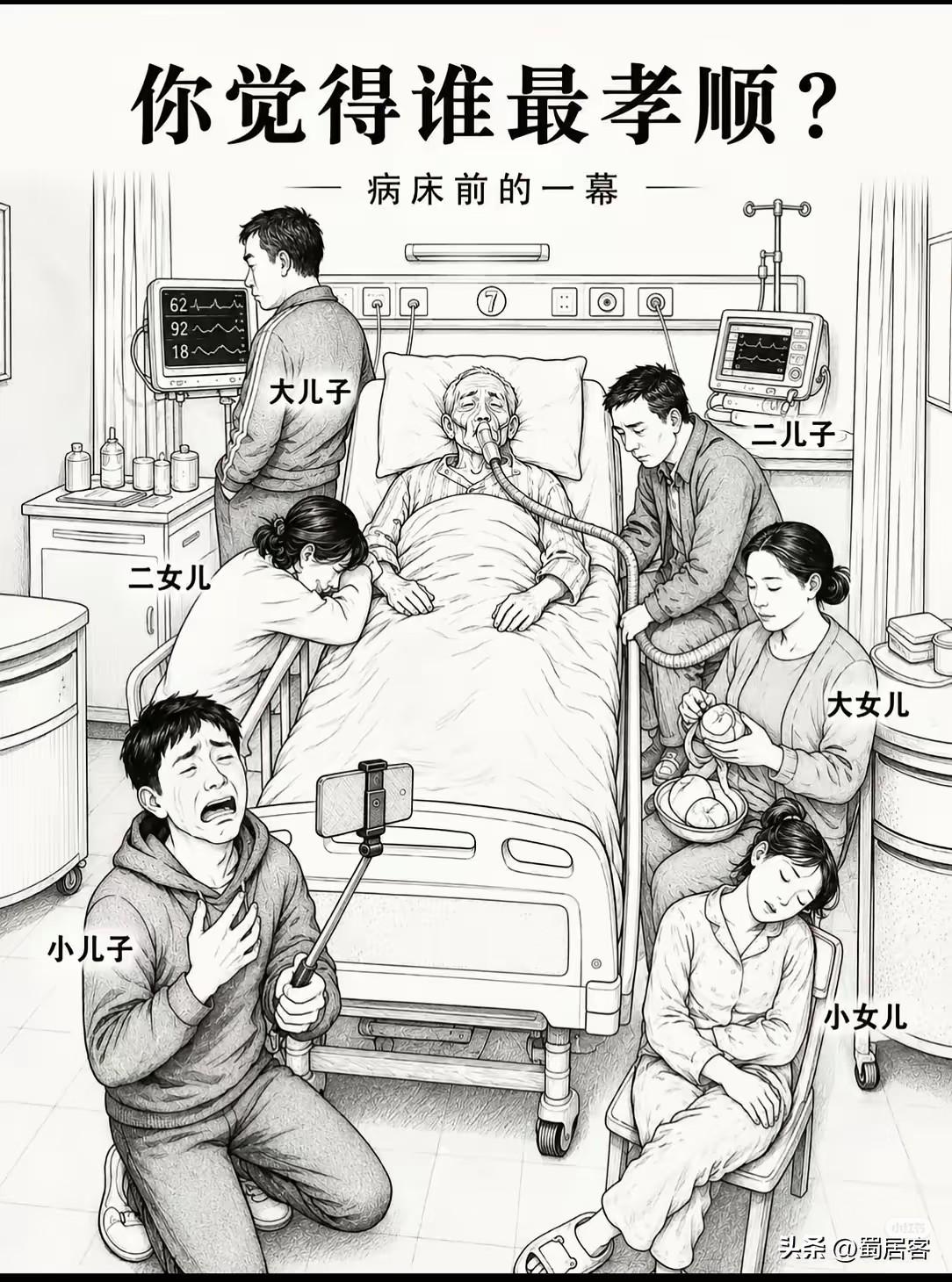看到这张图的时候，心里莫名的难受。

图中老父亲病重躺在病床上，一群儿女围绕身旁