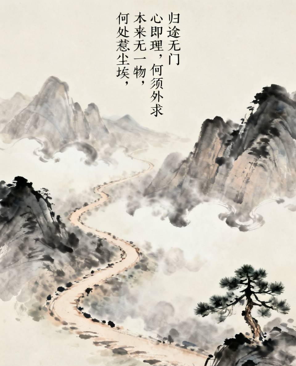 归途无门

旅人迷途，寻门不得。忽见脚下路，原是归途。心即理，何须外求？未来不在