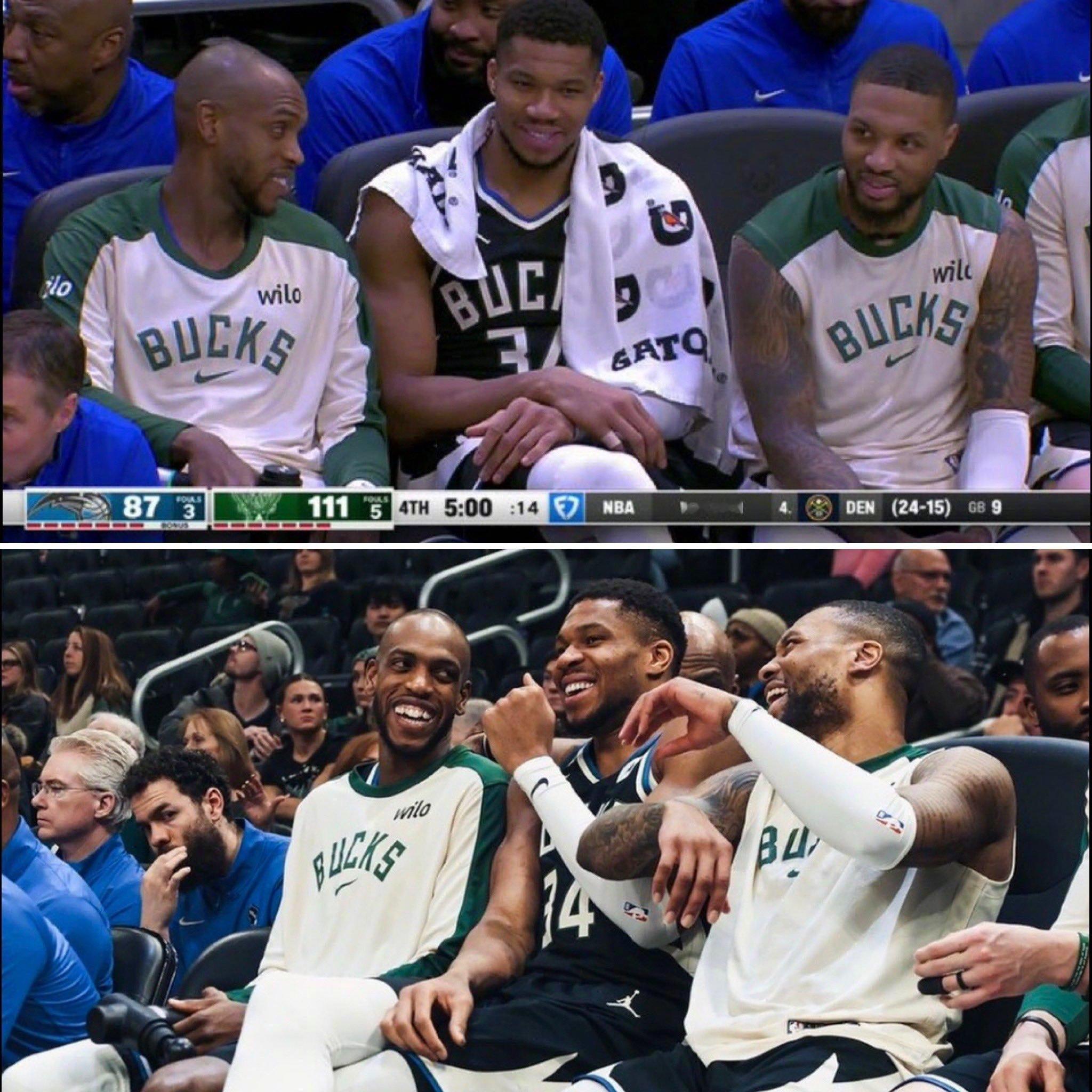 一年前的今天，字母哥左右两边还坐着拉拉队和米德尔顿。 