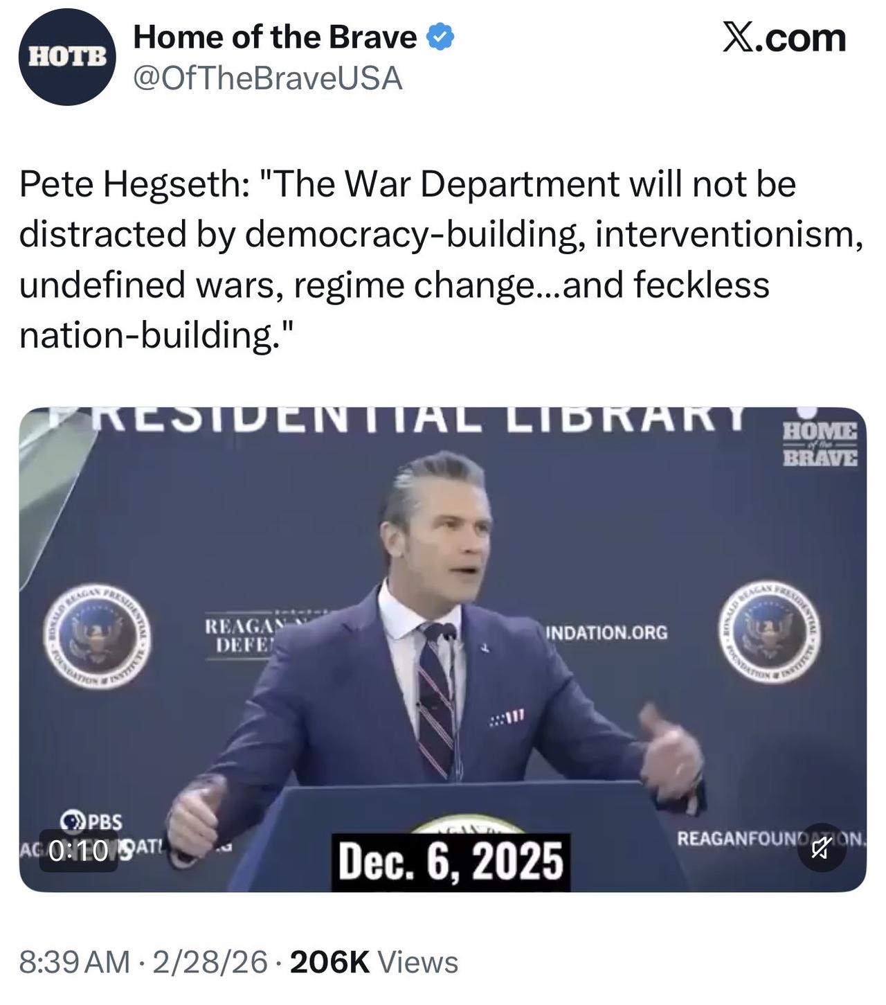 听听就好

美国战争部长赫格塞斯在2025年12月：“战争部不会被民主建设、干涉