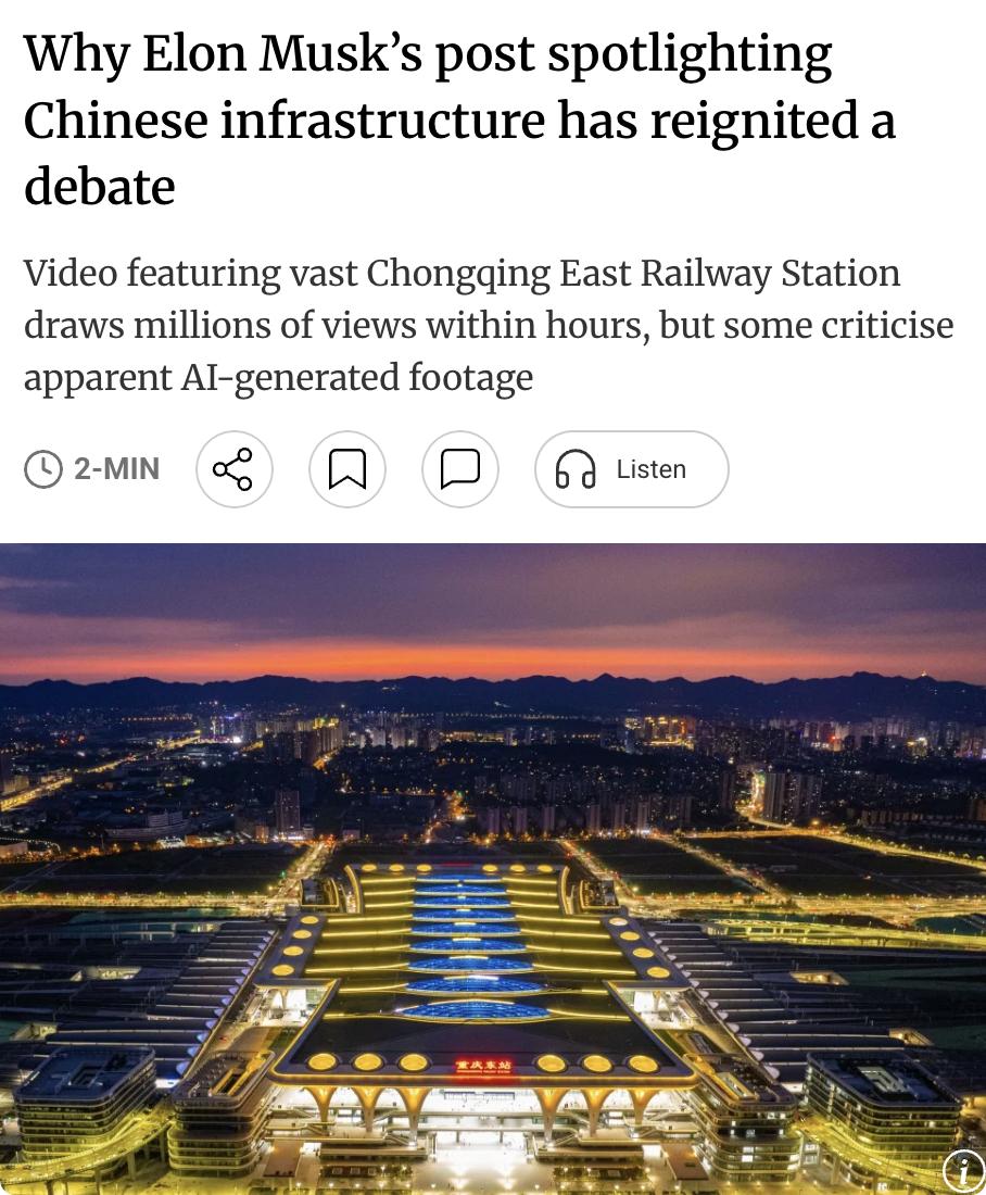 外媒：马斯克在X平台转发了一段近6分钟的重庆东站视频，数小时内获得数百万浏览量。