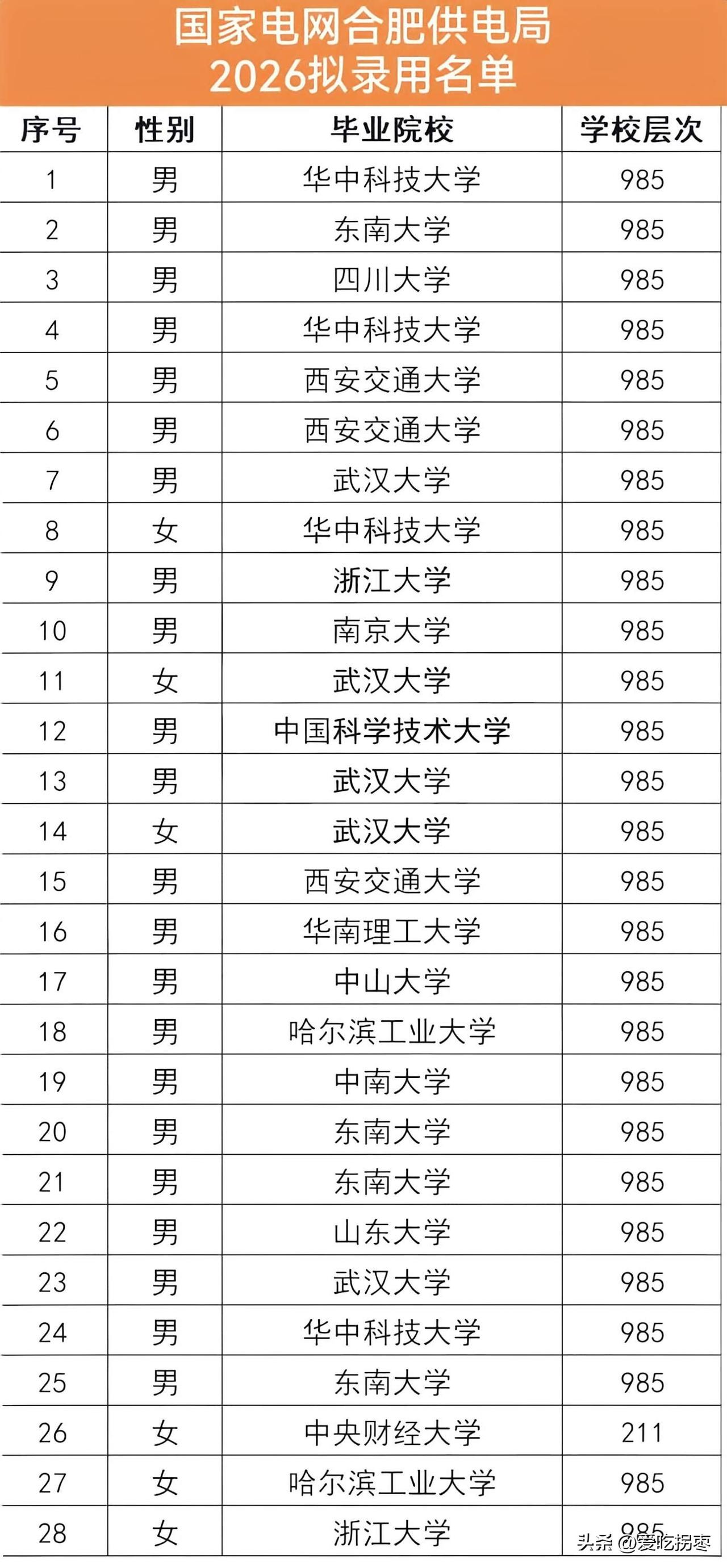 国家电网合肥供电局本部2026年录用28人名单，27人都是985高校，1人中央财