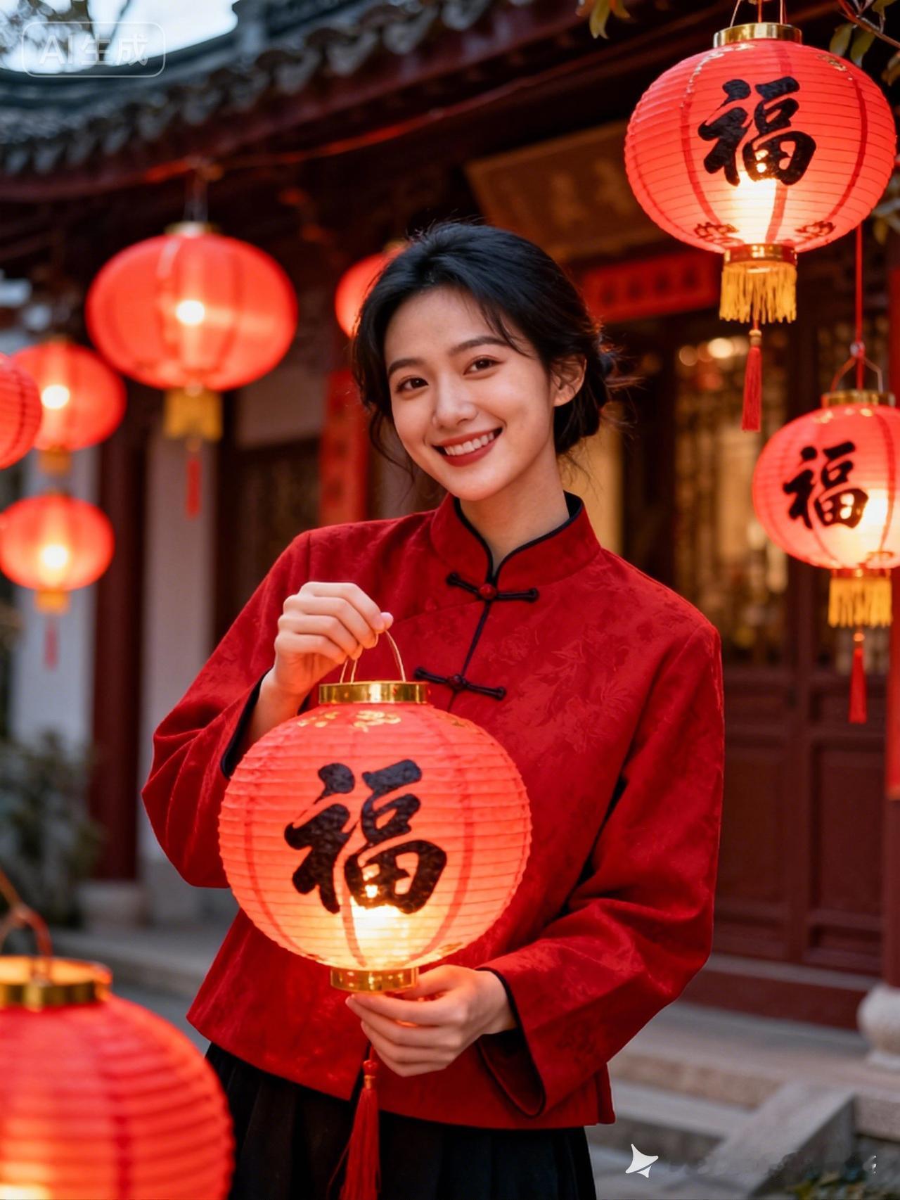 红灯笼下笑靥如花，福气满满迎新年！🏮💃