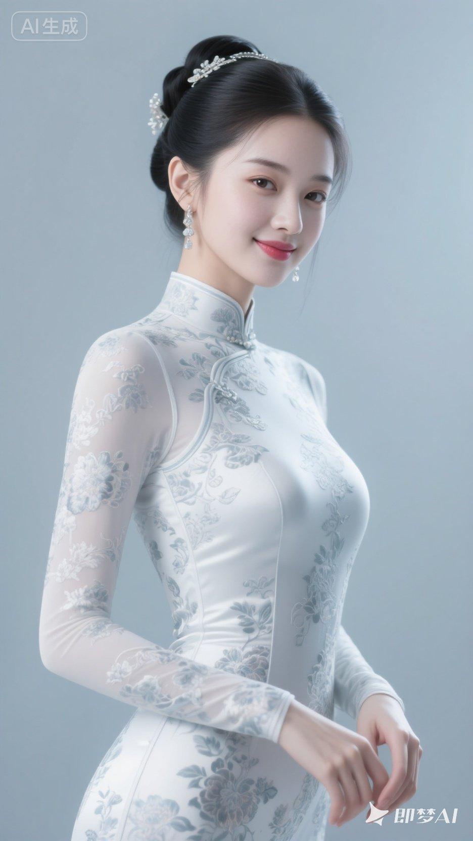 那姿态里有江南女子的柔，又藏着股不卑不亢的挺括—— 就像旗袍本身，裹着传统的骨，