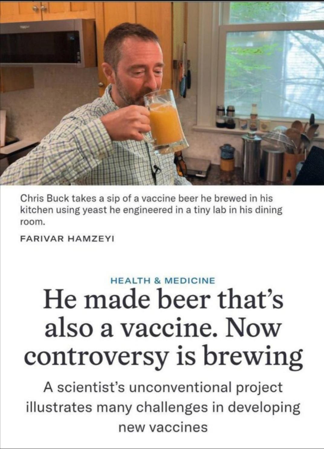 美国科学家酿“啤酒疫苗”引争议！

美国病毒学家克里斯·巴克，在自家厨房自酿啤酒