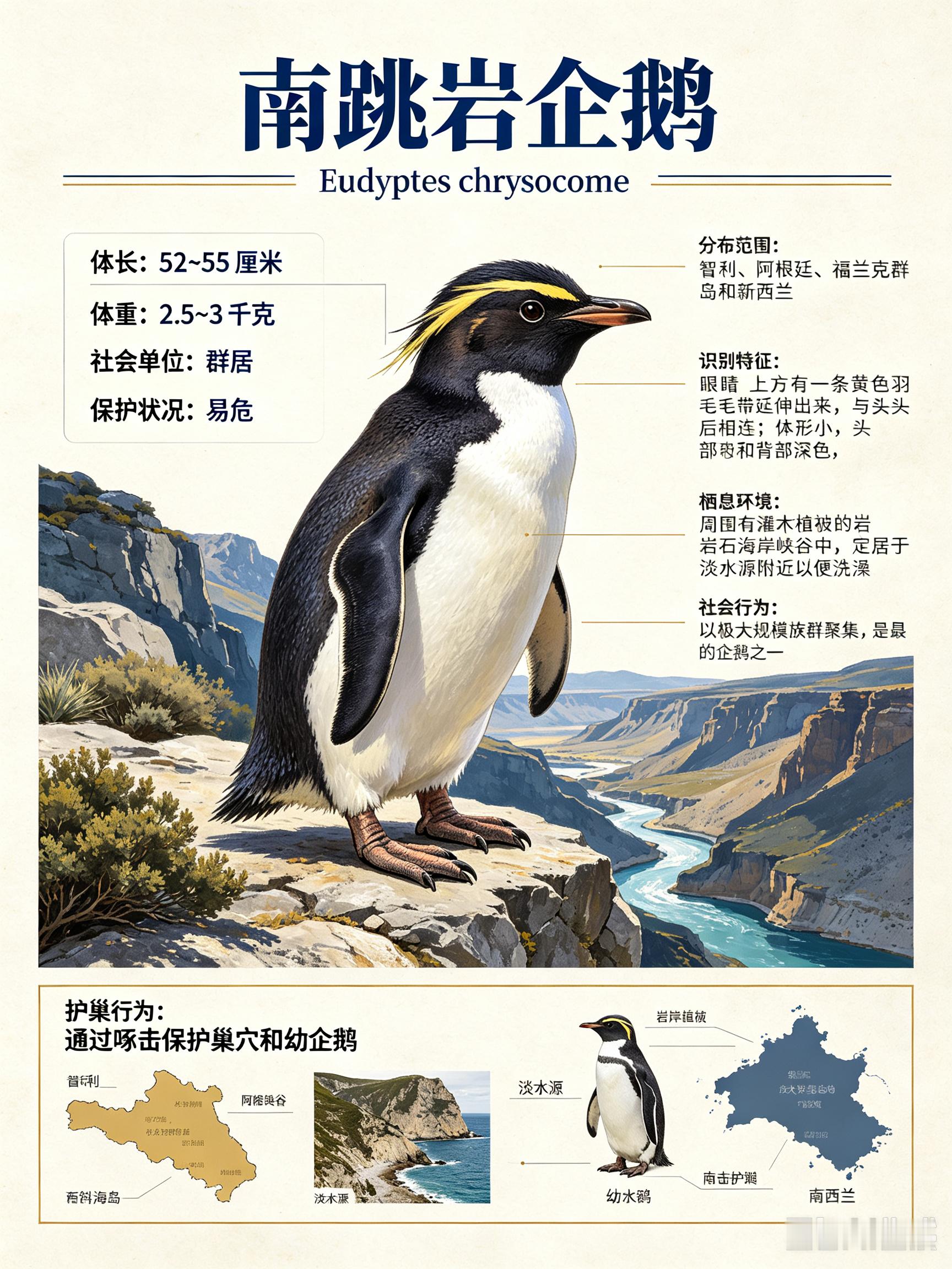 鸟类朋友图鉴 南跳岩企鹅体长：52~55 厘米体重：2.5~3 千克社会单位：群