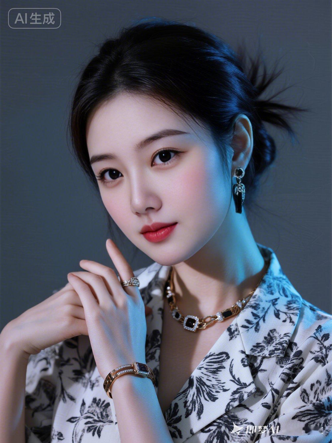 年轻美女身着白色青花瓷花纹棉麻衬衫，随意挽起的发髻衬得优雅气质尽显。精致妆容下温