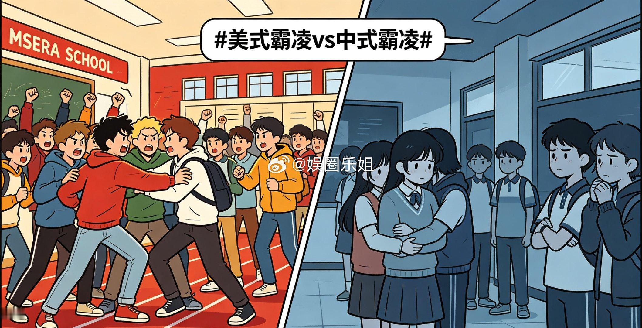 美式霸凌更外放直接，像影视剧里演的那样，校园走廊里的推搡起哄、当众羞辱排挤、拉帮