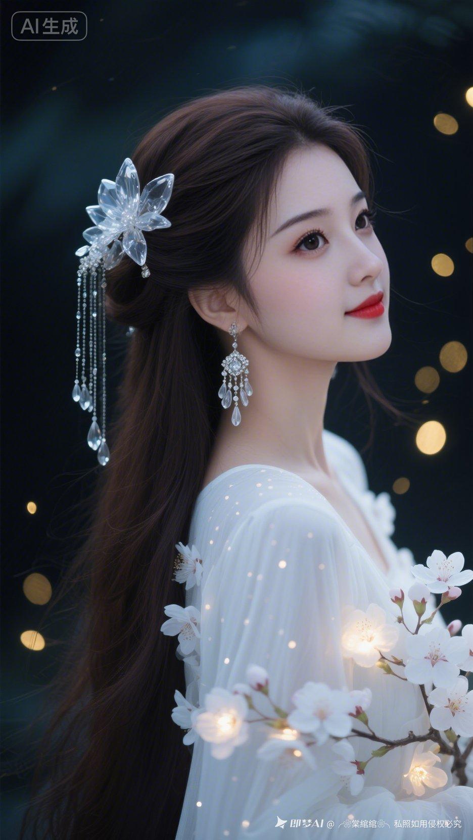 深棕长发少女配水晶流苏发饰，华美耳饰相映。白透海棠花衣裙流光点点，空灵唯美。深色