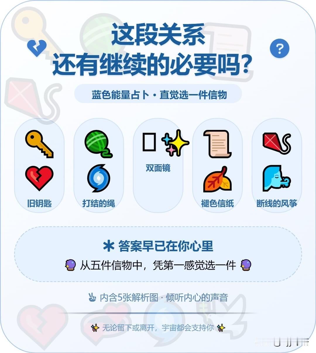 还有继续的必要吗?
蓝色能量占卜。直觉选一件信物
