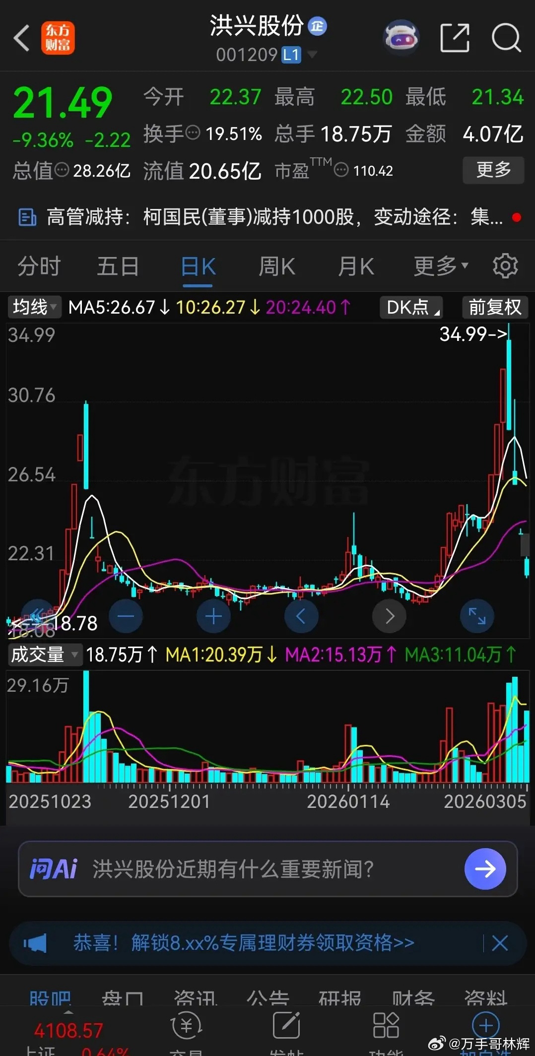 洪兴股份这走势真是太狠了，堪比杀猪盘！三个涨停后，突然闪崩大跌，连续四天跌停，股