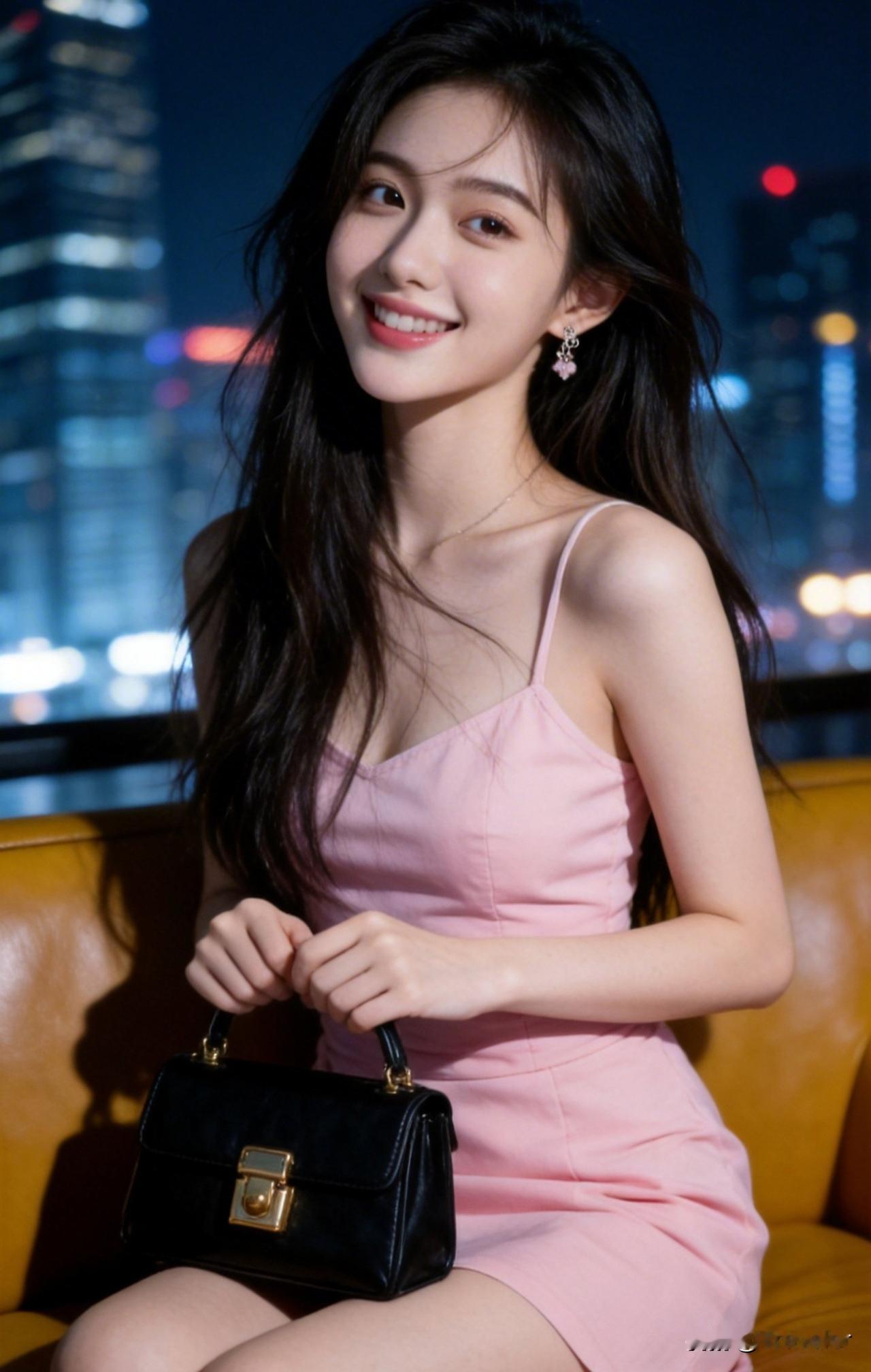 夜晚都市中的甜美少女，粉色连衣裙与黑色手袋相得益彰，笑靥如花。