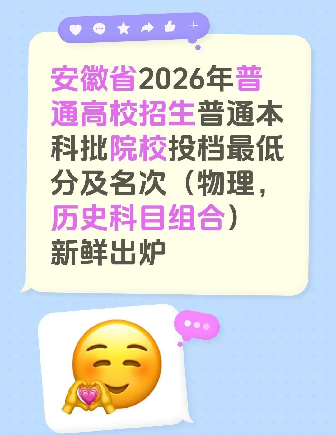 前程似锦。安徽省2026年普通高校招生普通本科批院校投档最低分及名次（物理，历史