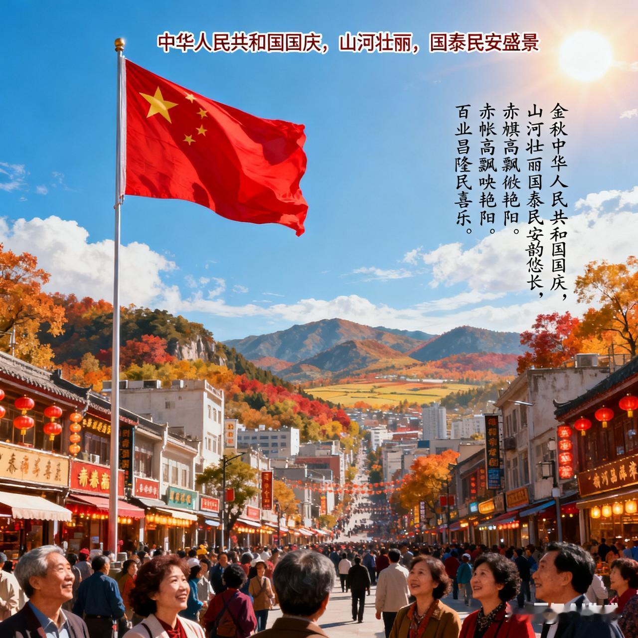 《国庆盛景》乐韵诗心原创诗词:
金秋国庆韵悠长，
赤帜高飘映艳阳。
百业昌隆民喜