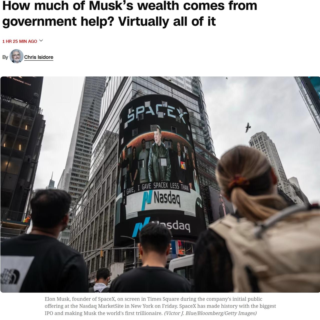 CNN发文分析：马斯克的巨额财富几乎全部来自政府和纳税人

随着SpaceX成功
