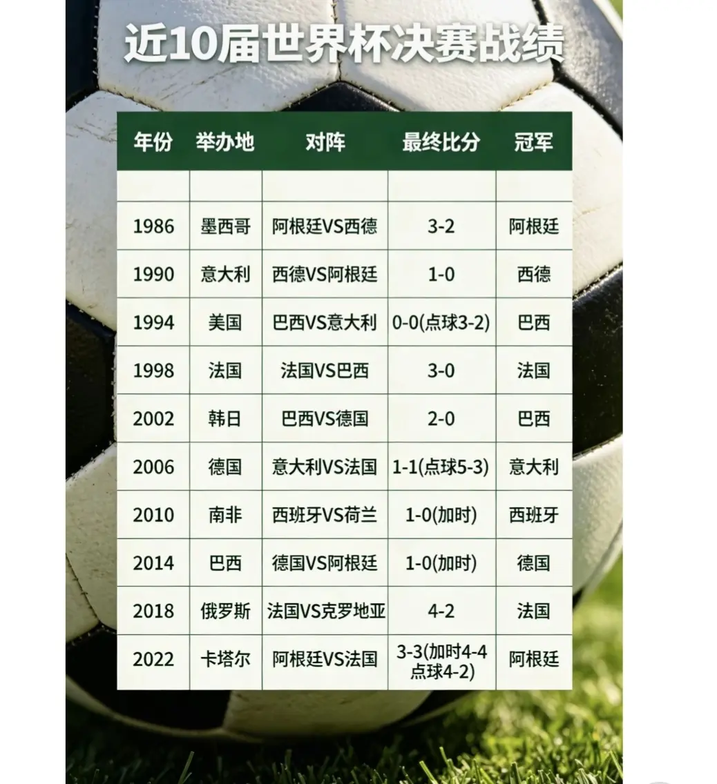 1986年以来，历届世界杯决赛结果展示。