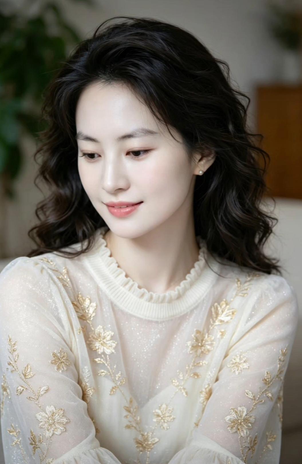 这位美女穿着漂亮的花纹上衣，真好看！