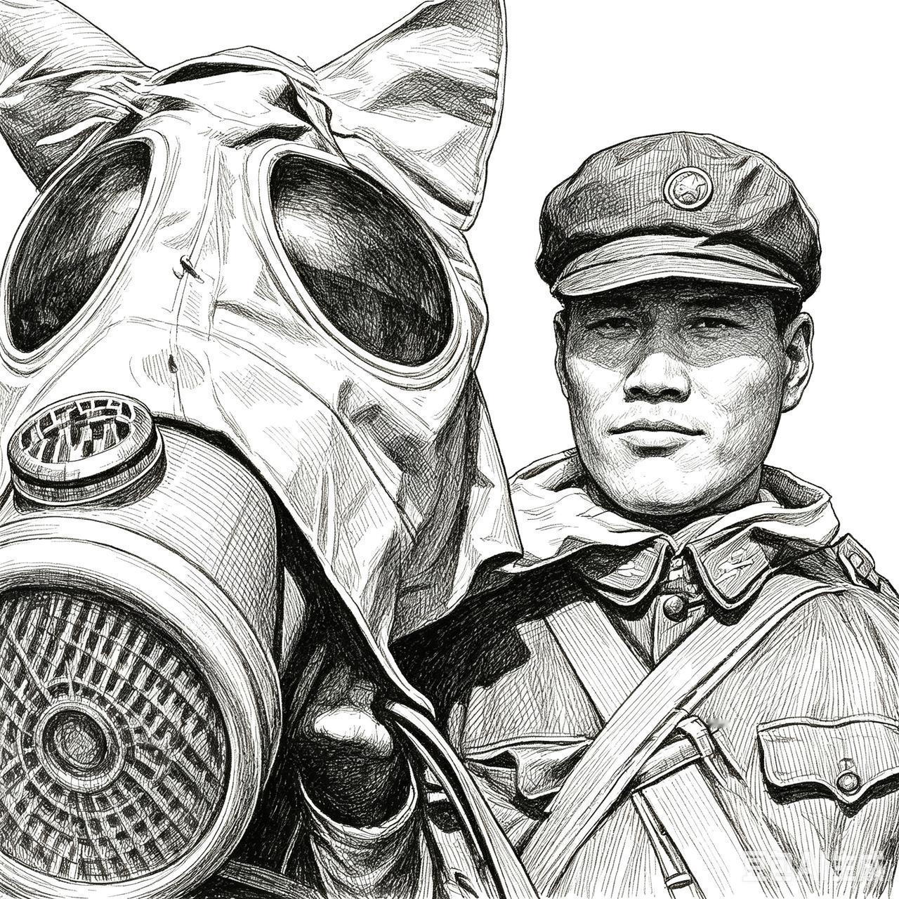 我军骑兵部队战士于核爆试验后发起冲锋。核爆产生的巨大蘑菇云升腾而起，辐射、高温等