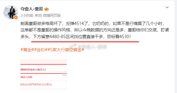童哥这里预埋的4480-85多单，4485精准上一次车！黄金金价