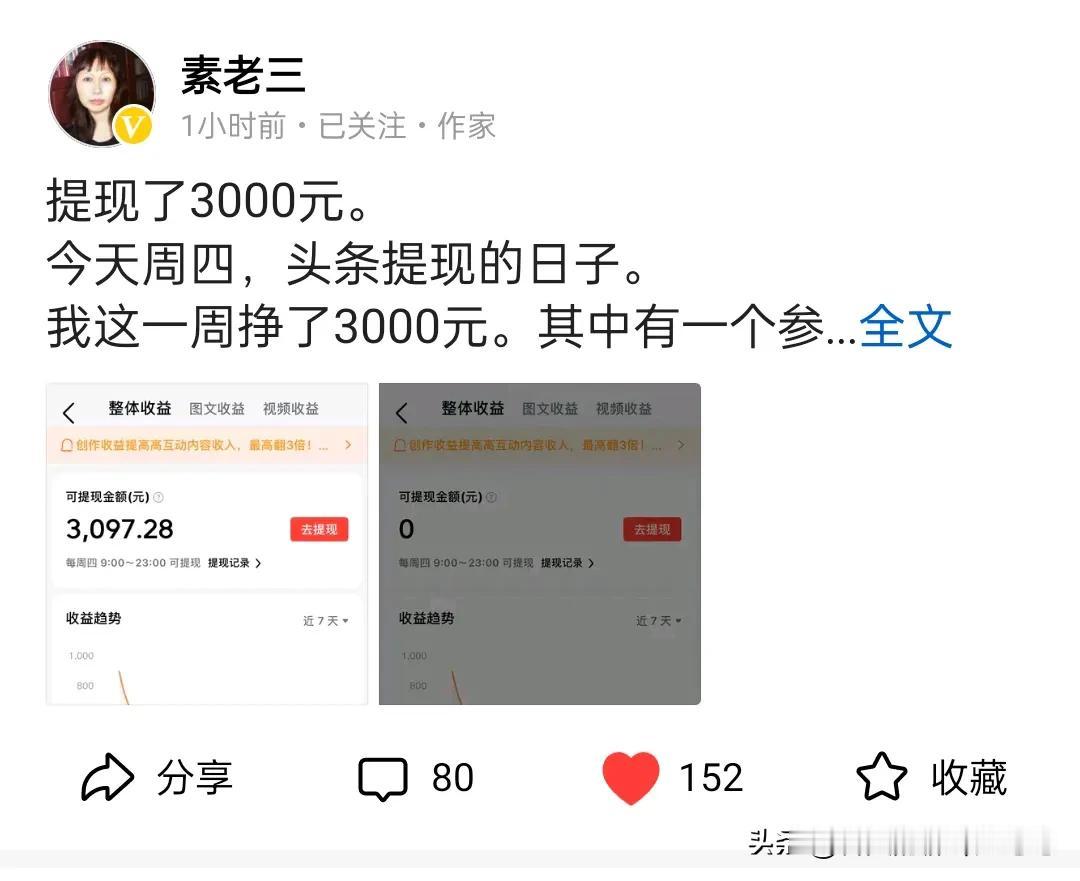 提现了162块3毛9。
今天周四，头条提现的日子。
这些钱大概是我三个月的头条收