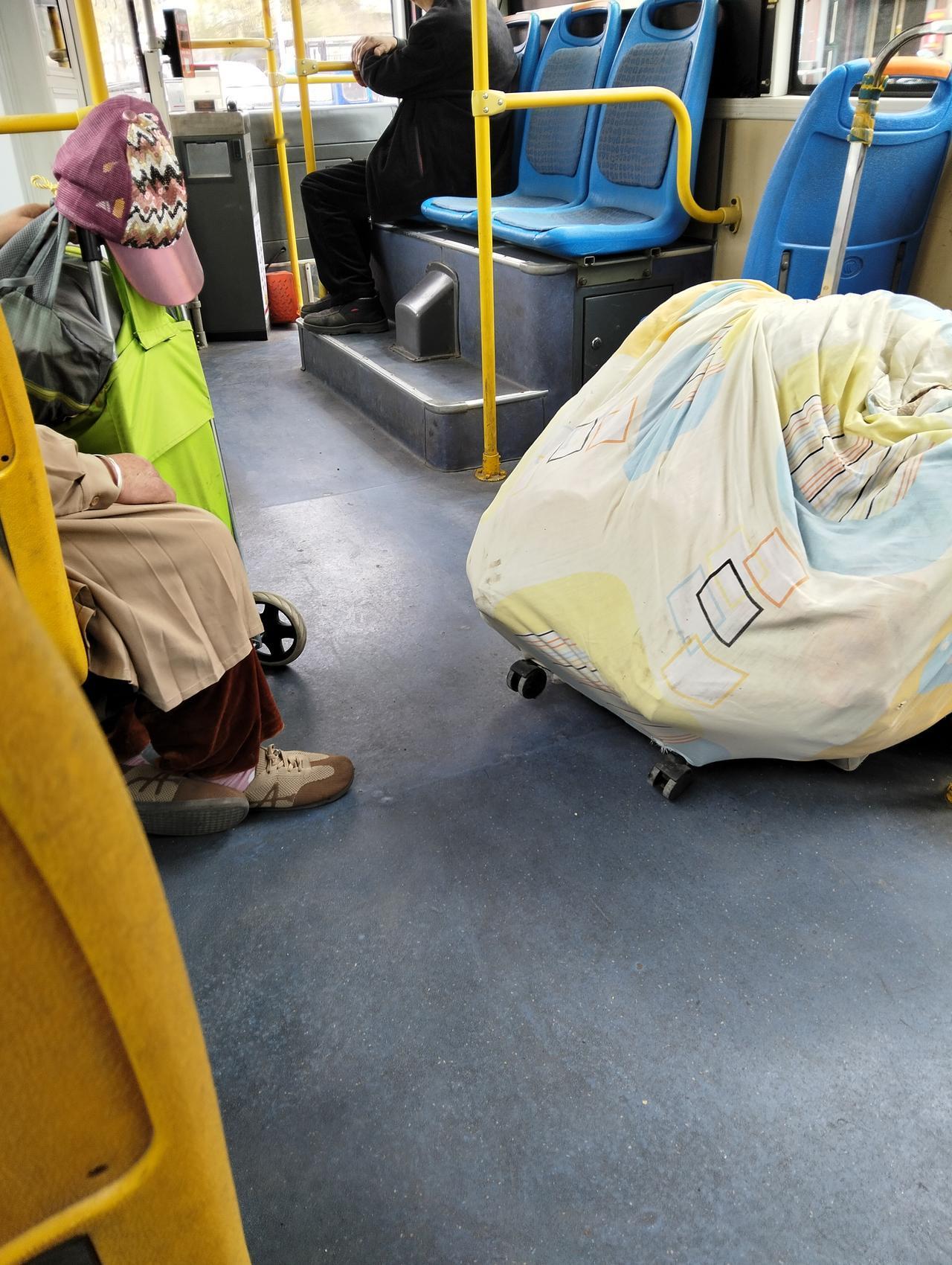 今天坐公交车，上来一个老妇，拖着一个小手拉车，又拖一个装个大包的大拖车。司机为了